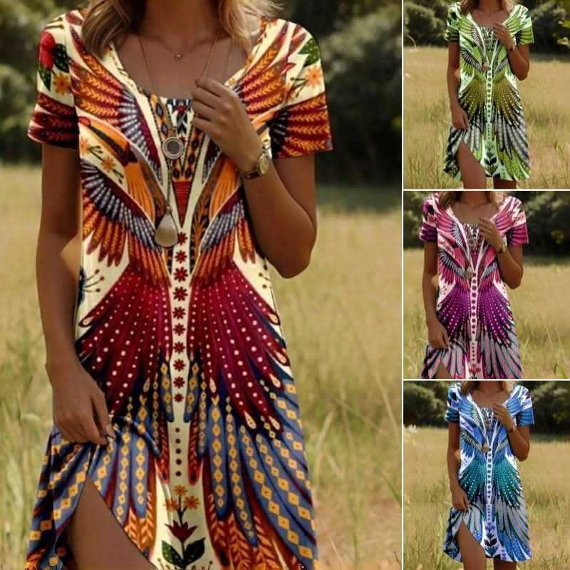 Robe à manches courtes à imprimé paon et floral pour femmes